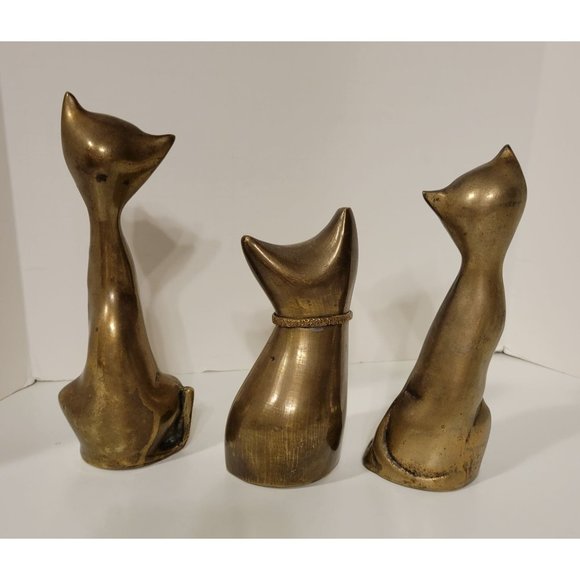Vintage Set of 3 Whimsical Hollow MCM Brass Cat Figurines Statues - Picture 2 of 9